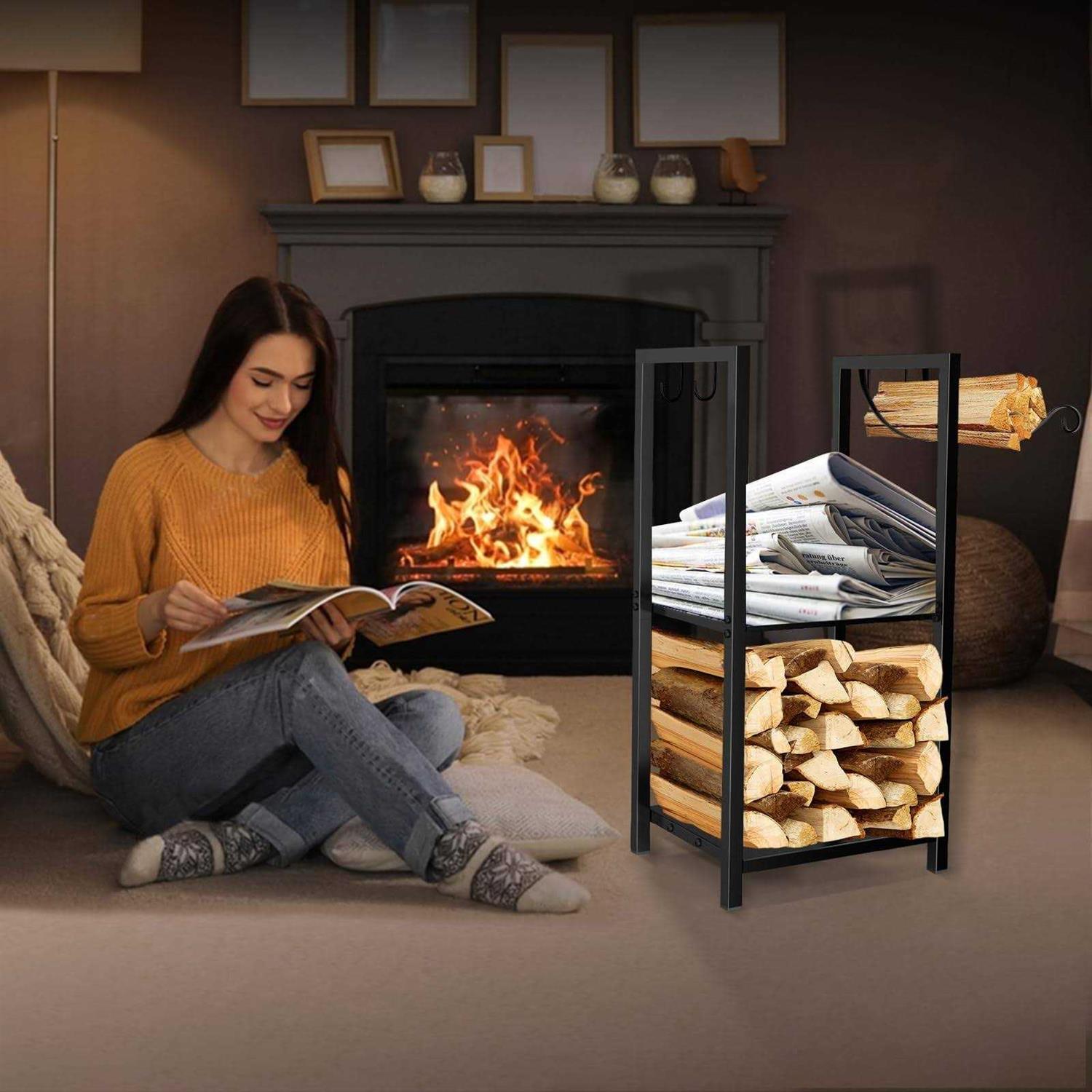 MOFEEZ Firewood Rack Log Holder Indoor with Kindling Hooks Powder-coated Steel Made - Image 3