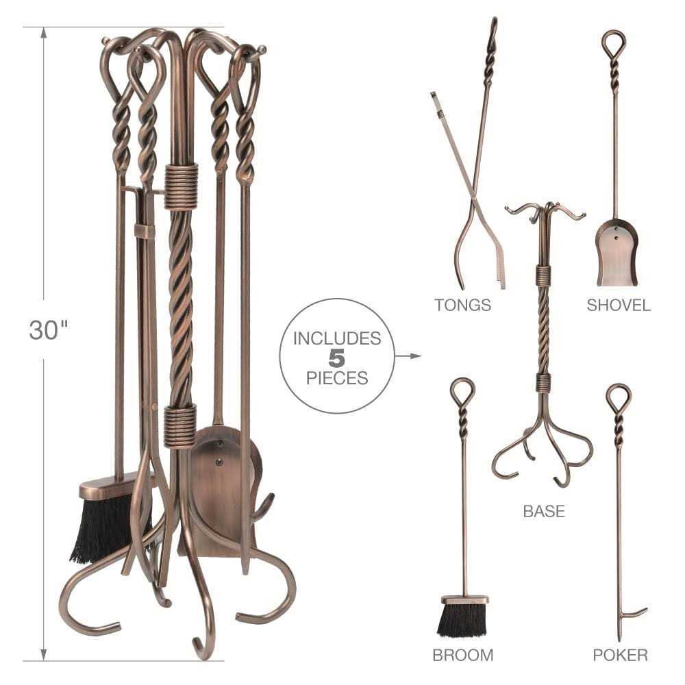 Uniflame 5 Piece Antique Copper Fireset with Ring/Swirl Handles Tampico Brush F-1311 - Image 4