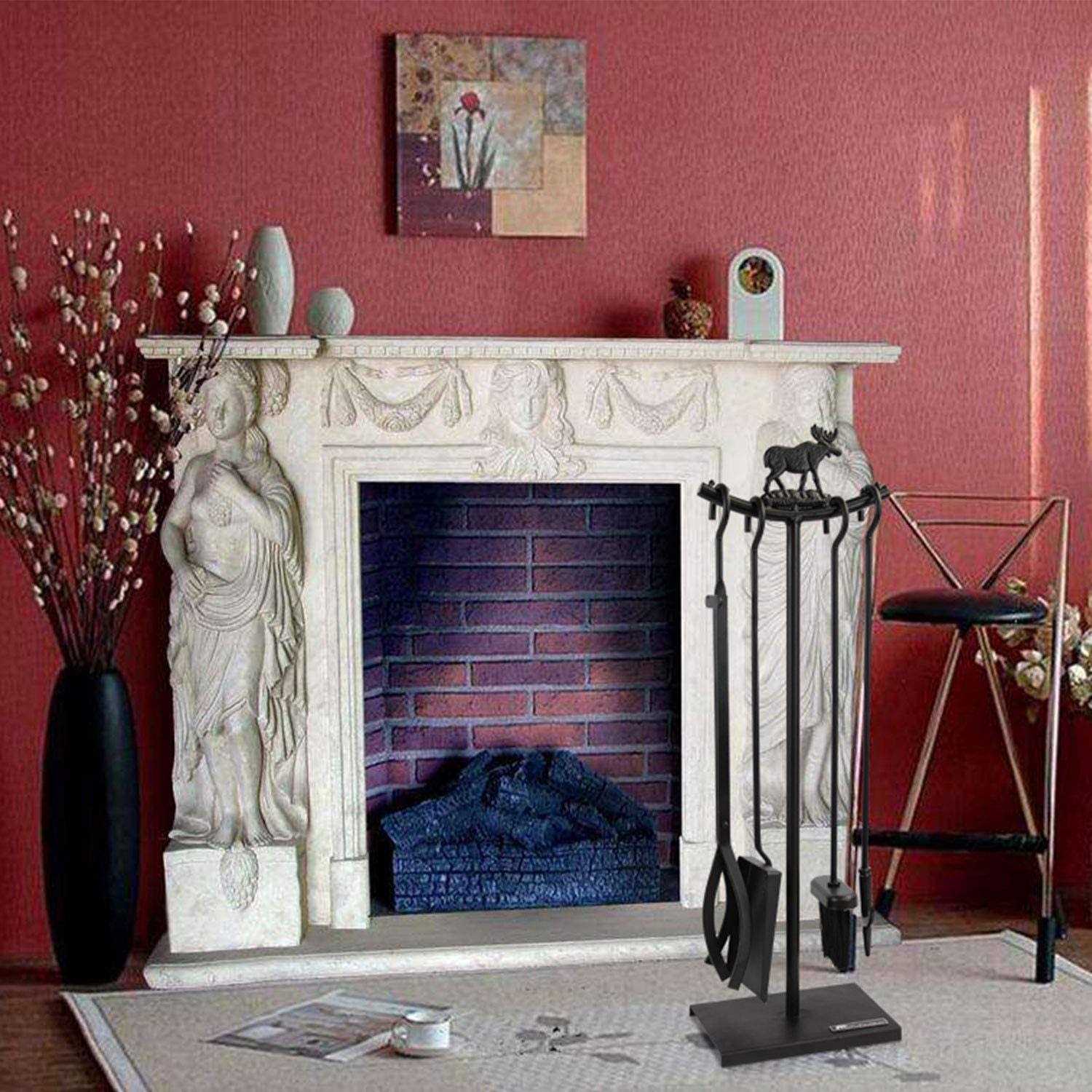 Myfireplacedirect 5 Pieces Fireplace Tools Set Strength Wrought Iron Indoor Outdoor Fire Place Toolset Hearth Accessories Kit with Fireplace Brush - Image 5