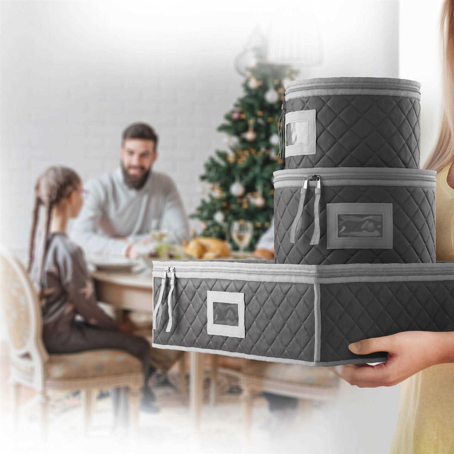 Woffit China Storage Containers 6 Pack, Quilted Dinnerware & Stemware Set Bins for Packing Dishes and Glasses w/ 48 Felt Protectors - Image 3