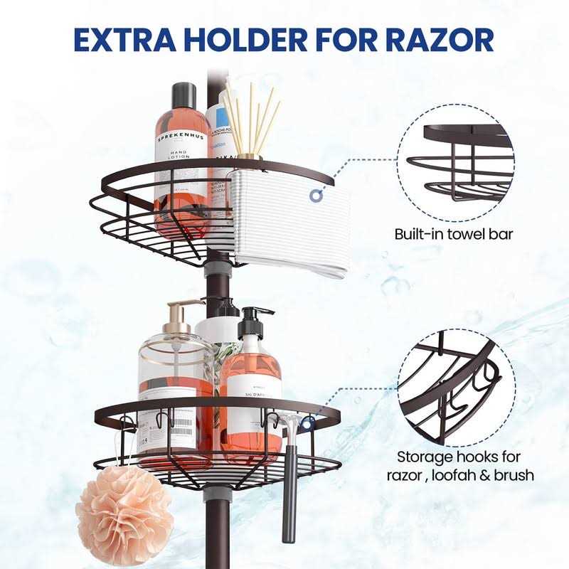 SEIRIONE Rustproof Shower Corner Caddy Organizer for Bathroom Freestanding Tension Pole with 4 Baskets - Image 4