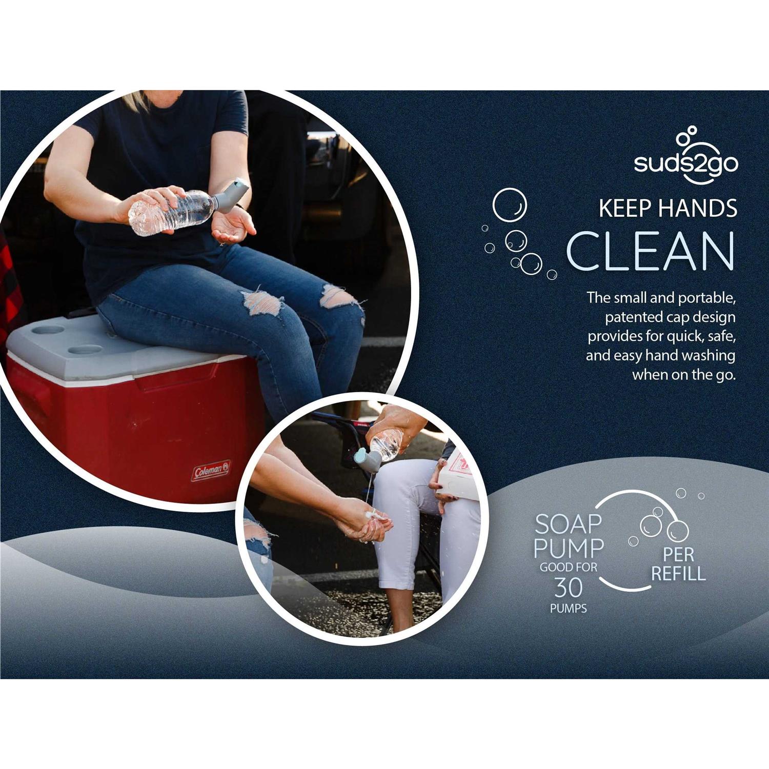 Suds2Go Refillable Caps 2 Pack Universal Fit Turns Most Disposable Water Bottles Into A Hand Washing Station - Image 3