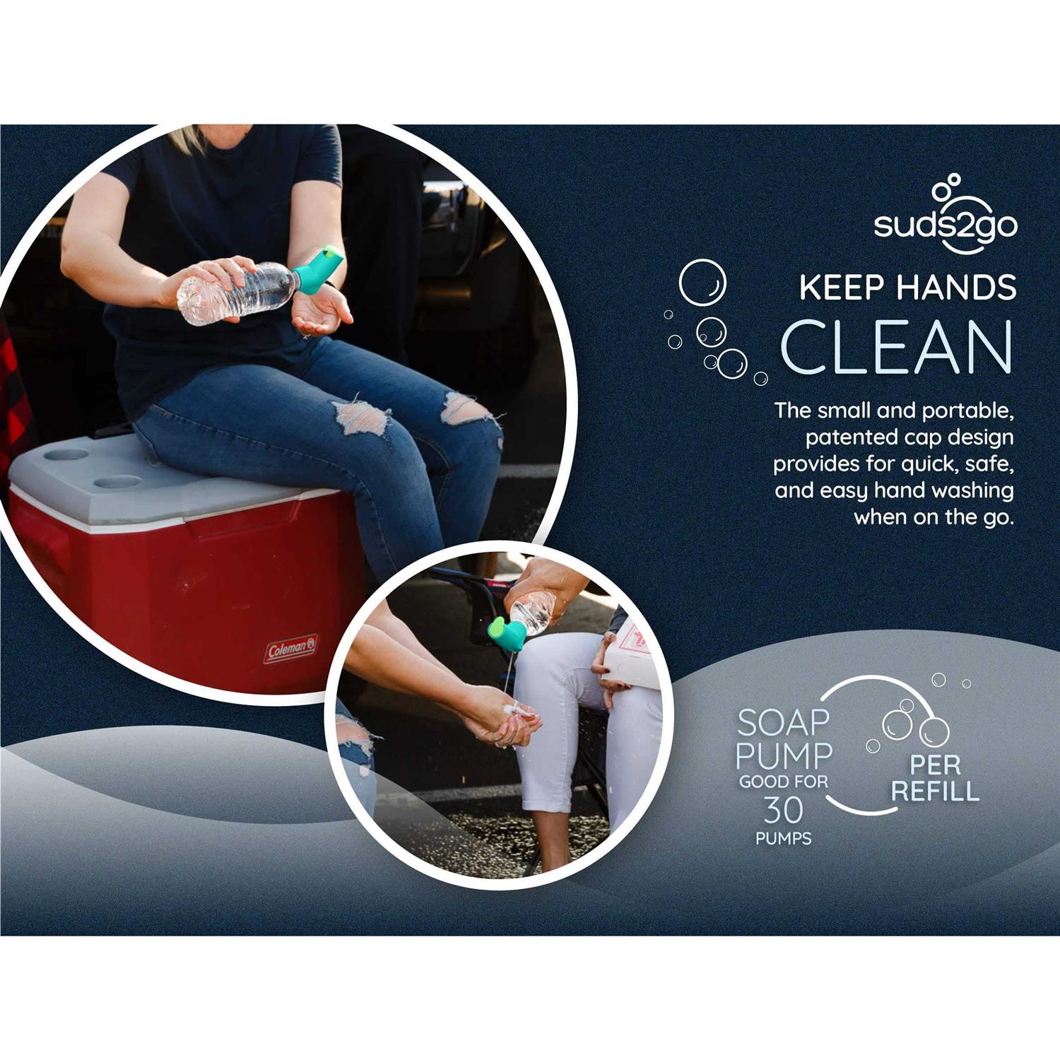 Suds2Go Refillable Caps 2 Pack Universal Fit Turns Most Disposable Water Bottles Into A Hand Washing Station - Image 4