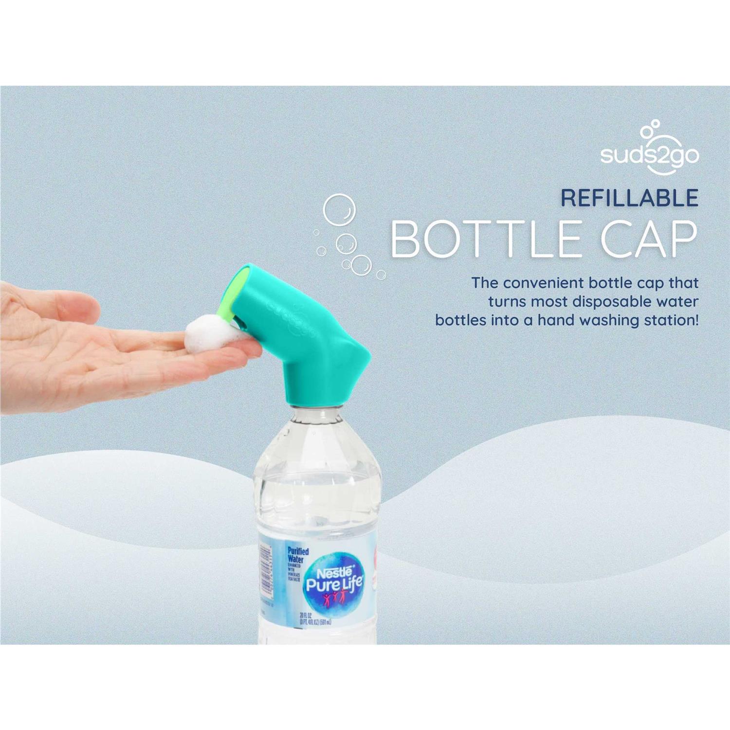 Suds2Go Refillable Caps 2 Pack Universal Fit Turns Most Disposable Water Bottles Into A Hand Washing Station - Image 5