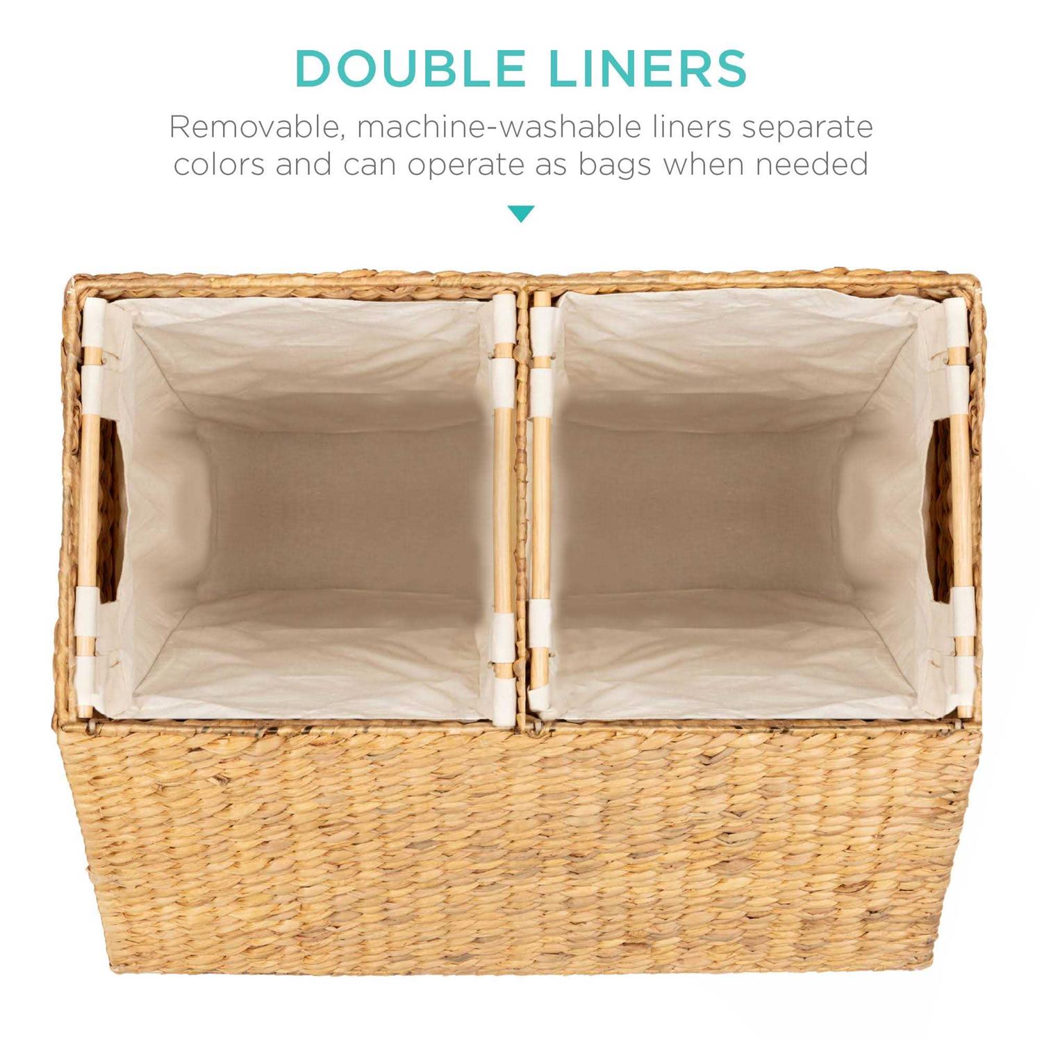 Best Choice Products XL Natural Woven Water Hyacinth Double Laundry Hamper Basket w/ 2 Liner Bags - Image 4