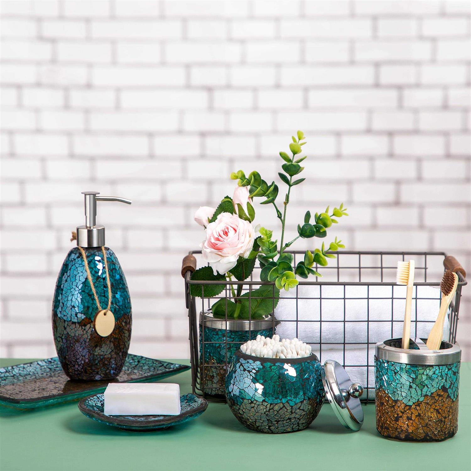 BAIKAFU Bathroom Accessories Set Bathroom Set Mosaic Glass Bathroom Decor - Image 4