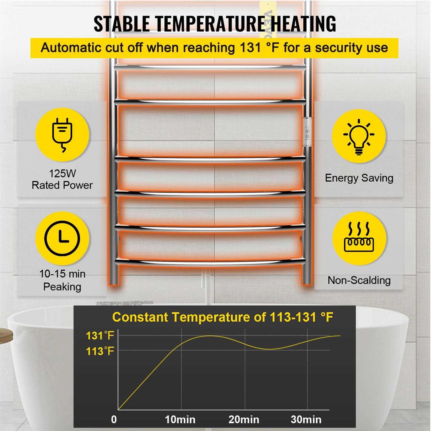 VEVOR Heated Towel Rack Bars Curved Design Polishing Brushed Stainless Steel Electric Towel Warmer with Built-in Timer - Image 5