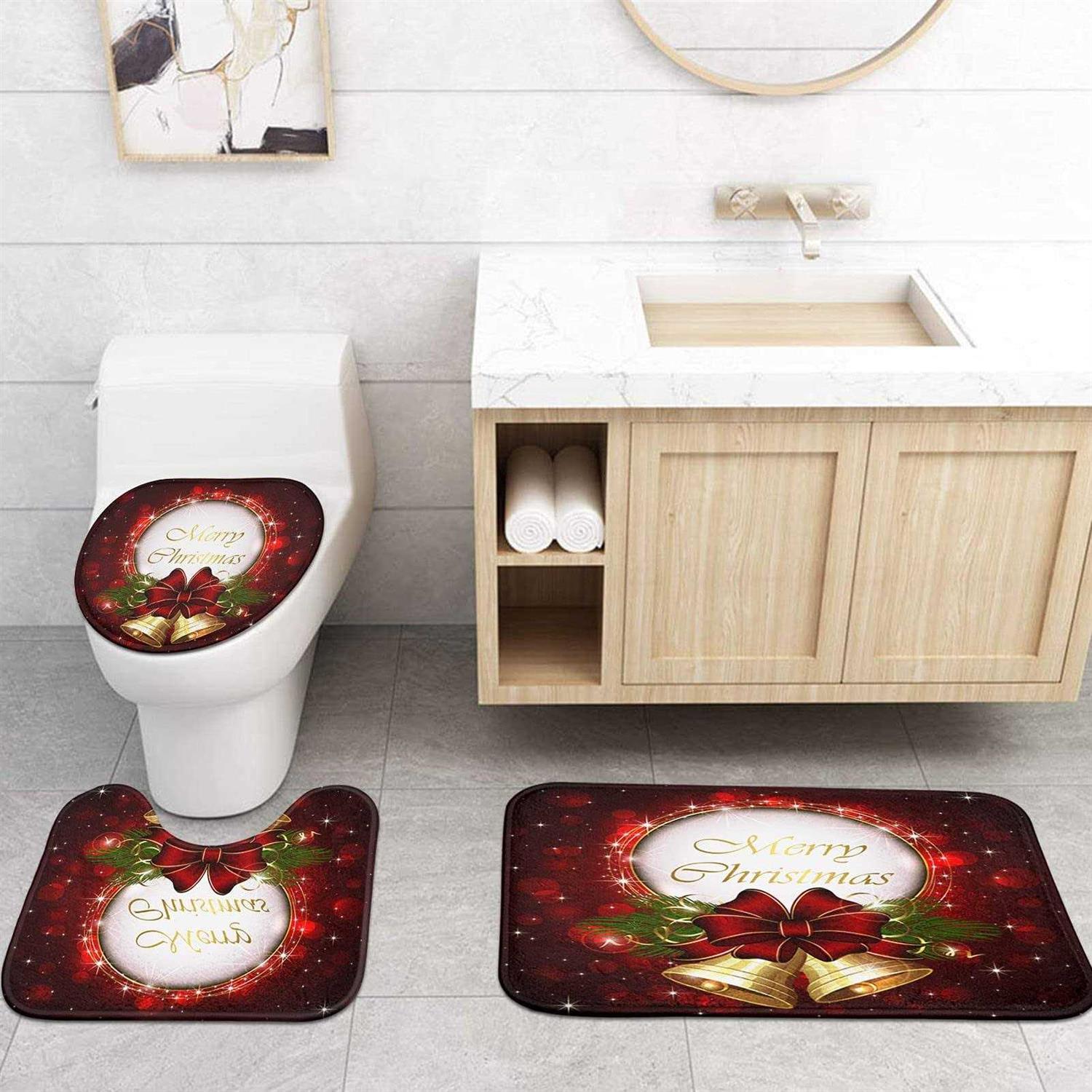 ArtSocket 4 Pcs Shower Curtain Set Christmas Non-Slip Rugs Toilet Lid Cover and Bath Mat Bathroom Decor Set 72 x 72 - Image 5