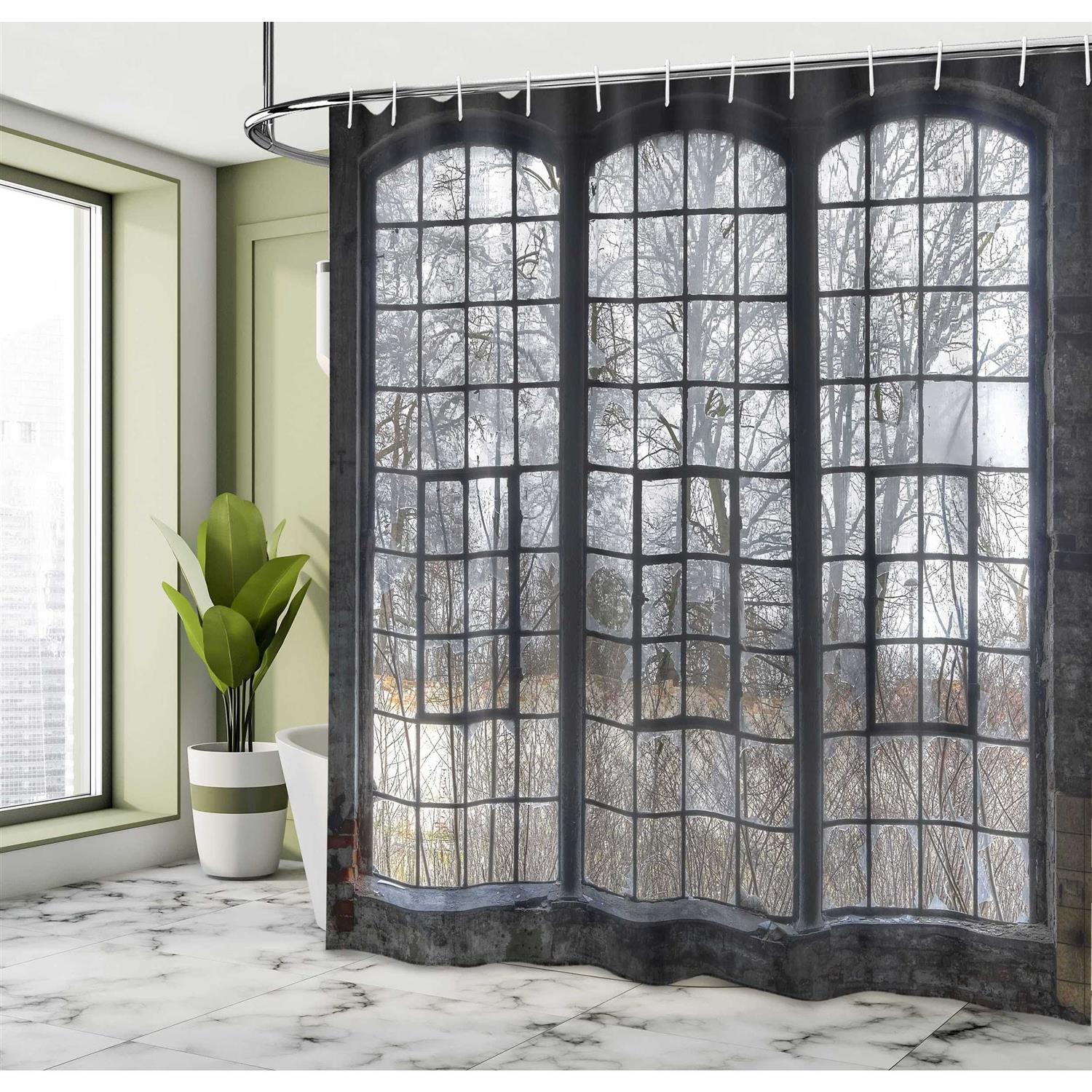 Ambesonne Industrial Shower Curtain Old Large Window with Broken Panes Deserted Hall Forest Trees Winter - Image 3