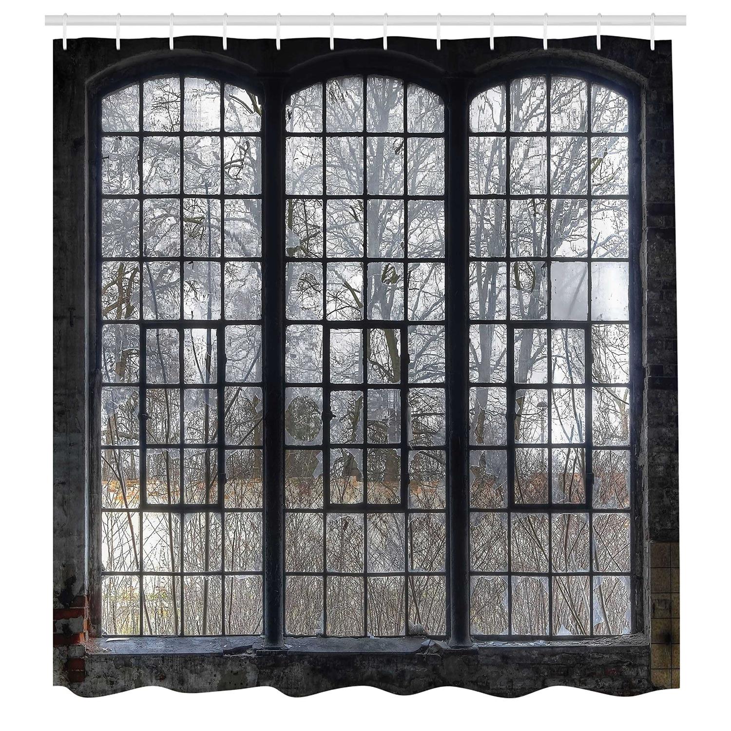 Ambesonne Industrial Shower Curtain Old Large Window with Broken Panes Deserted Hall Forest Trees Winter - Image 4