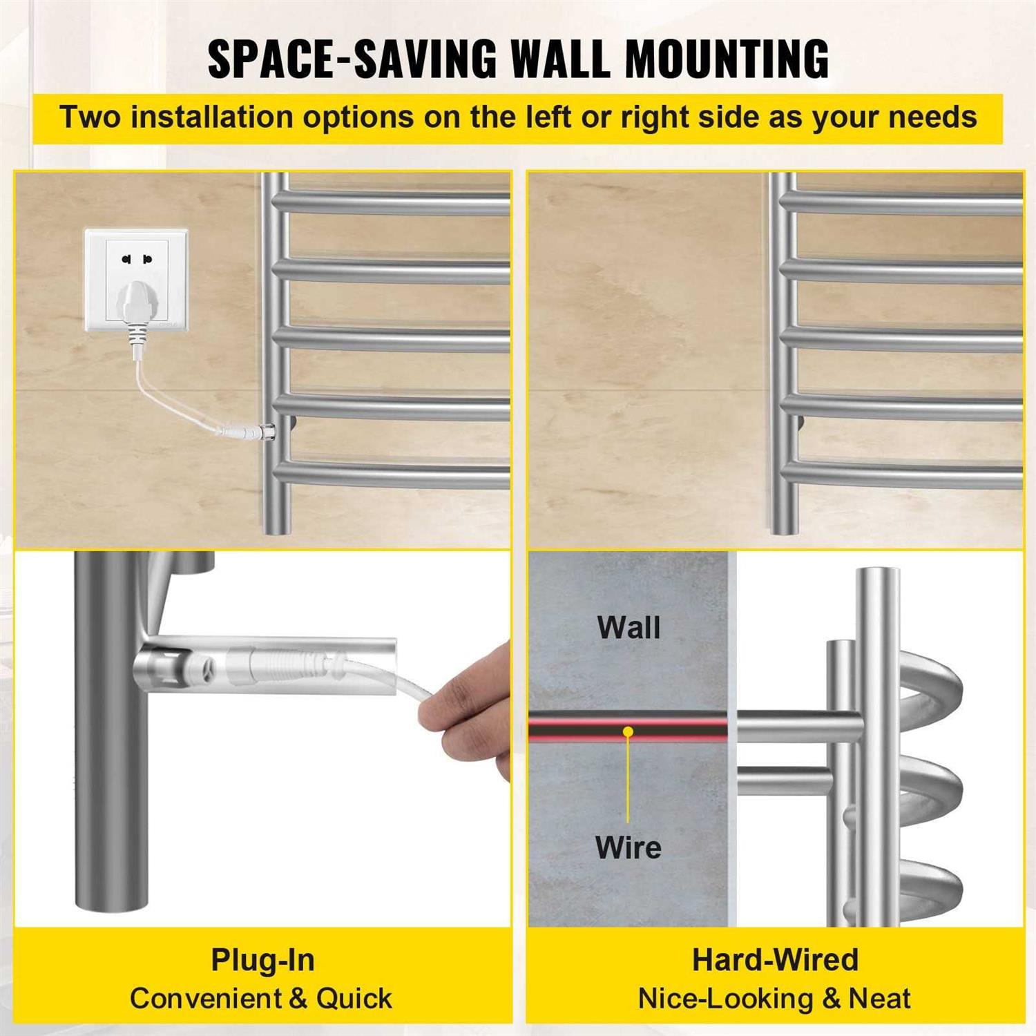 Vevor Heated Towel Rack 10 Bars Curved Design Stainless Steel Electric Towel Warmer with Built-in Timer - Image 4