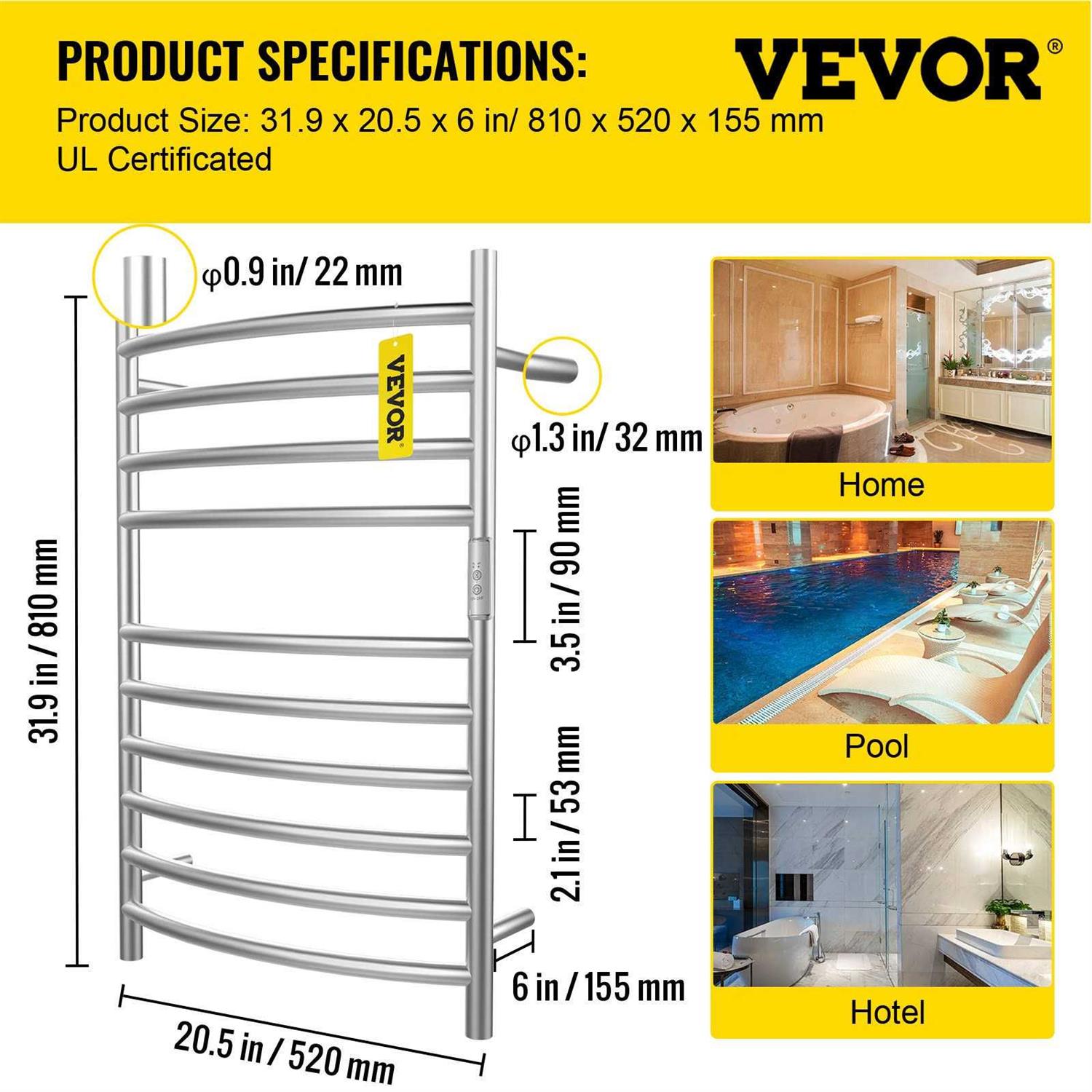 Vevor Heated Towel Rack 10 Bars Curved Design Stainless Steel Electric Towel Warmer with Built-in Timer - Image 5