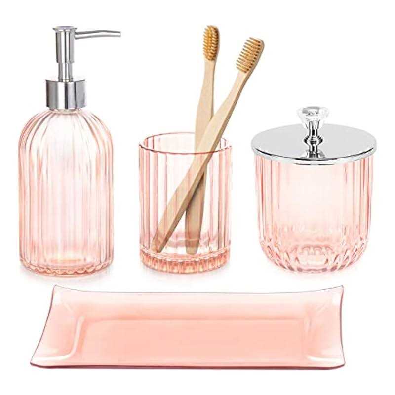 Bathroom Accessories Set 4 Pcs Glass Bathroom Accessories Sets Complete w/Lotion Soap Dispenser - Image 3