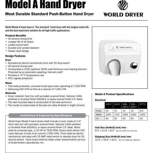 World Dryer Model A Push Button Hand Dryer - Image 3