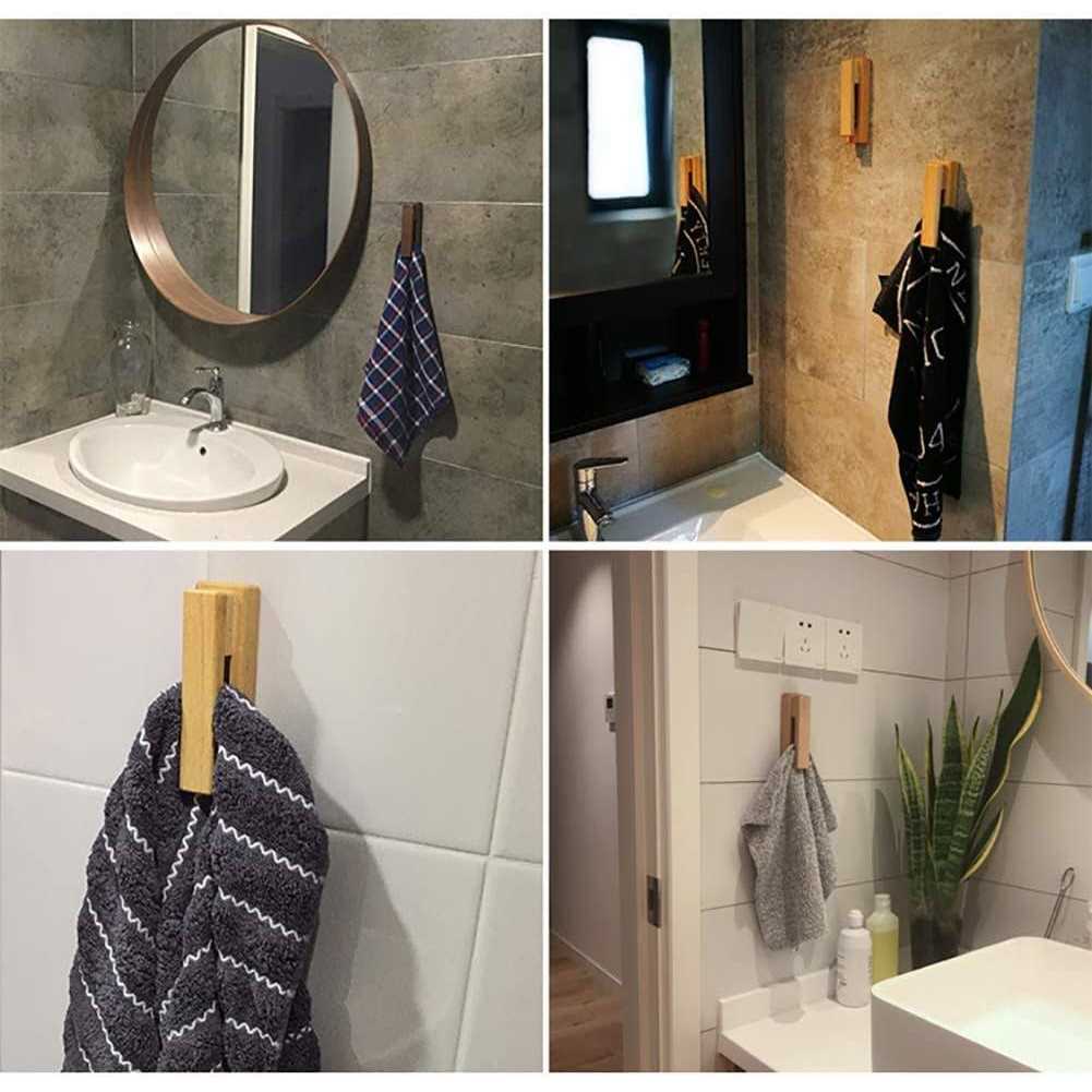 Wood Towel Hooks Set of 2 Self Adhesive Vintage Towel Holder Wooden Wall Mounted Towel Racks for Bathroom and Kitchen - Image 4