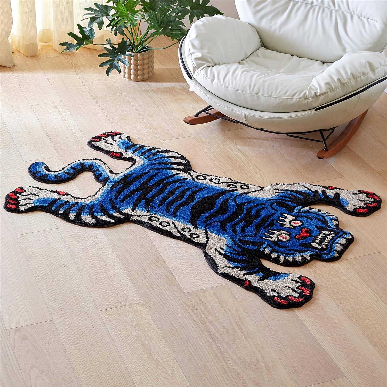 5x3.3ft Tibetan Tiger Area Rug Blue Hand Tufted High Pile Carpet - Image 4