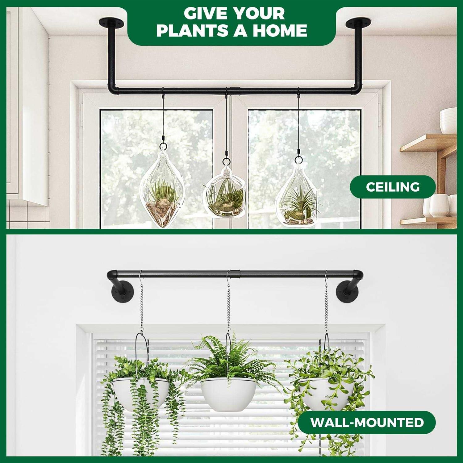 Bamworld Hanging Planters for Indoor Plants Hanging Plant Holder Plant Hanger Indoor Ceiling Window Plant Shelves Wall Mount Black Metal Rod Wall - Image 3