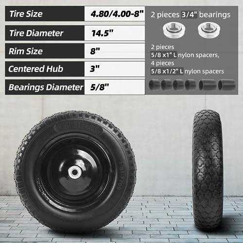 AR-PRO 4.80/4.00-8 Flat Free Tire 14.5”D x 3.2”W Universal Solid Wheelbarrow Tire with 3” Hub and 5/8” Bearings – Extra Adapter kit includes 3/4” - Image 3